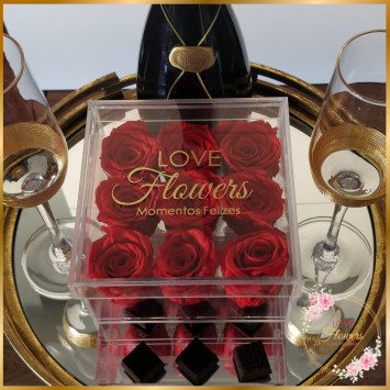 9 Rosas Naturais Preservadas com 9 Bombons Glassy Rose Collection